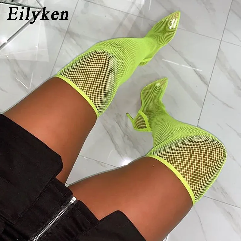 Eilyken 2020 Nouvelle Collection Été Automne Bottes Femme Sexy Genou Pointu Talons Hauts Bottes Chaussettes Sandales Chaussures de Soirée Vert Fashion Nova Chaussures