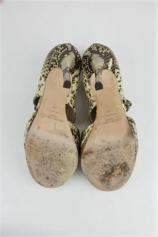 Jimmy Choo Sandales Privé en Ivoire Cuir Imprimé Serpent Taille 39 Talon Ouvert