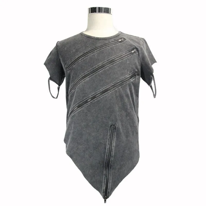 T-shirt punk asymétrique pour homme avec détails de fermeture éclair