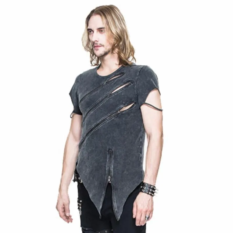 T-shirt punk asymétrique pour homme avec détails de fermeture éclair
