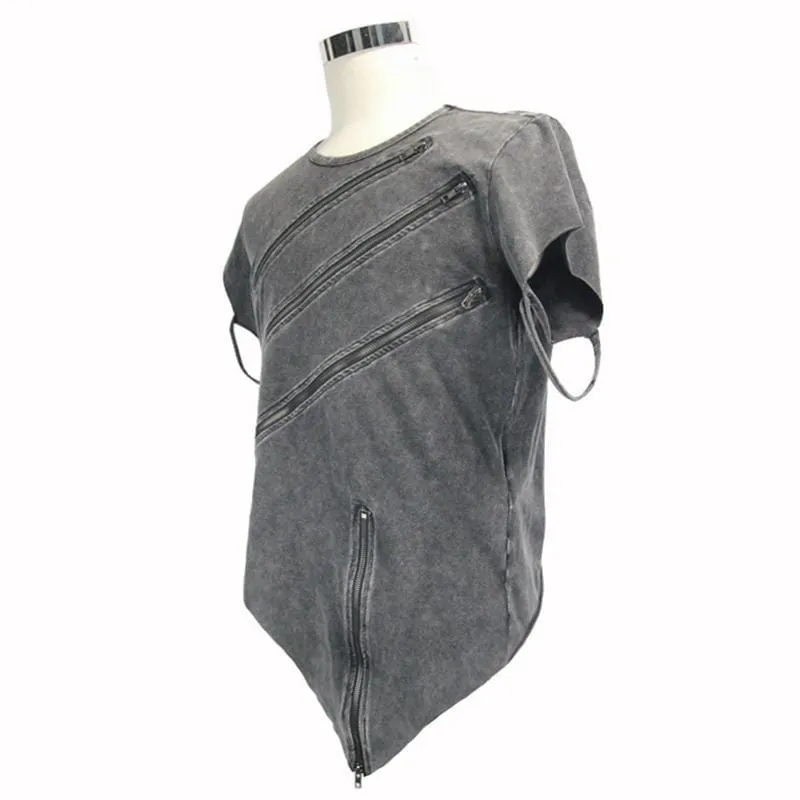 T-shirt punk asymétrique pour homme avec détails de fermeture éclair