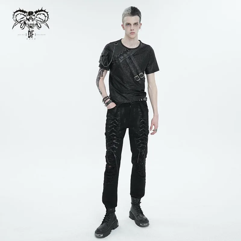T-shirt pour hommes en simili-cuir avec boucles punk et empiècements