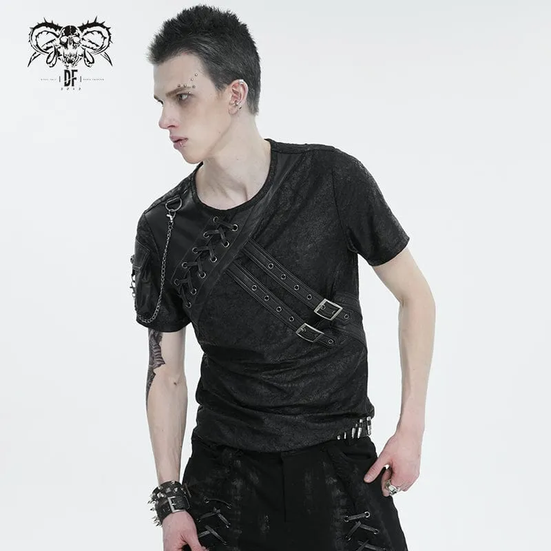T-shirt pour hommes en simili-cuir avec boucles punk et empiècements