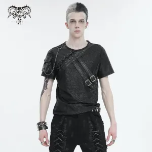 T-shirt pour hommes en simili-cuir avec boucles punk et empiècements