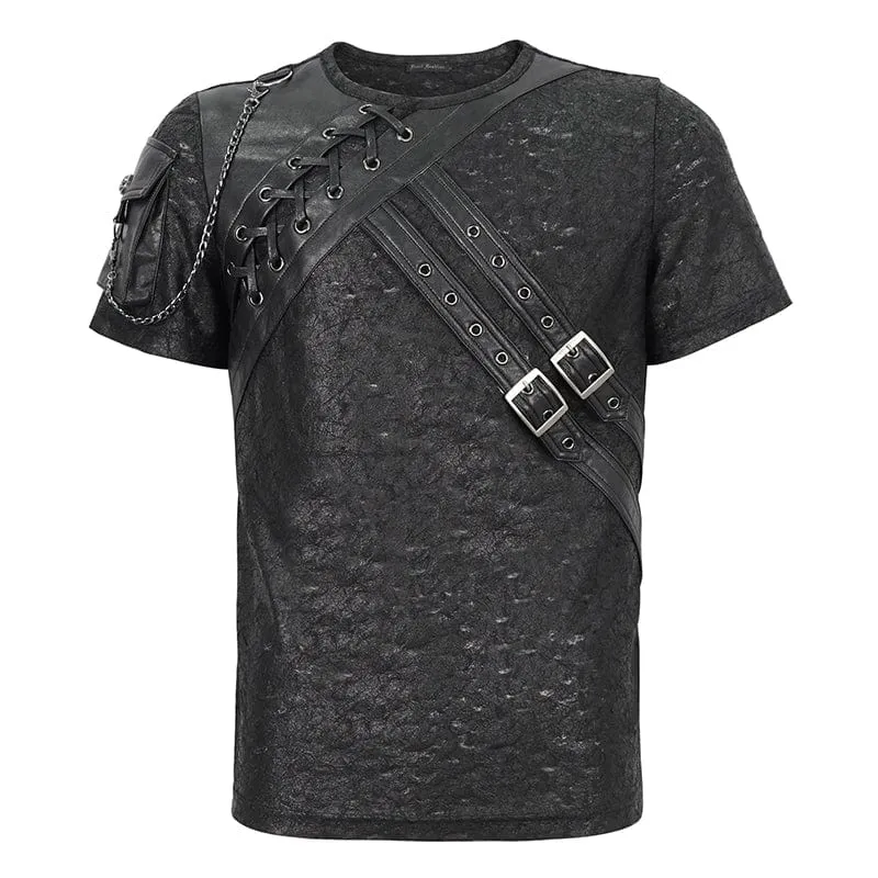 T-shirt pour hommes en simili-cuir avec boucles punk et empiècements