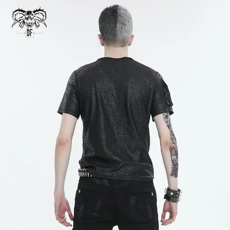 T-shirt pour hommes en simili-cuir avec boucles punk et empiècements