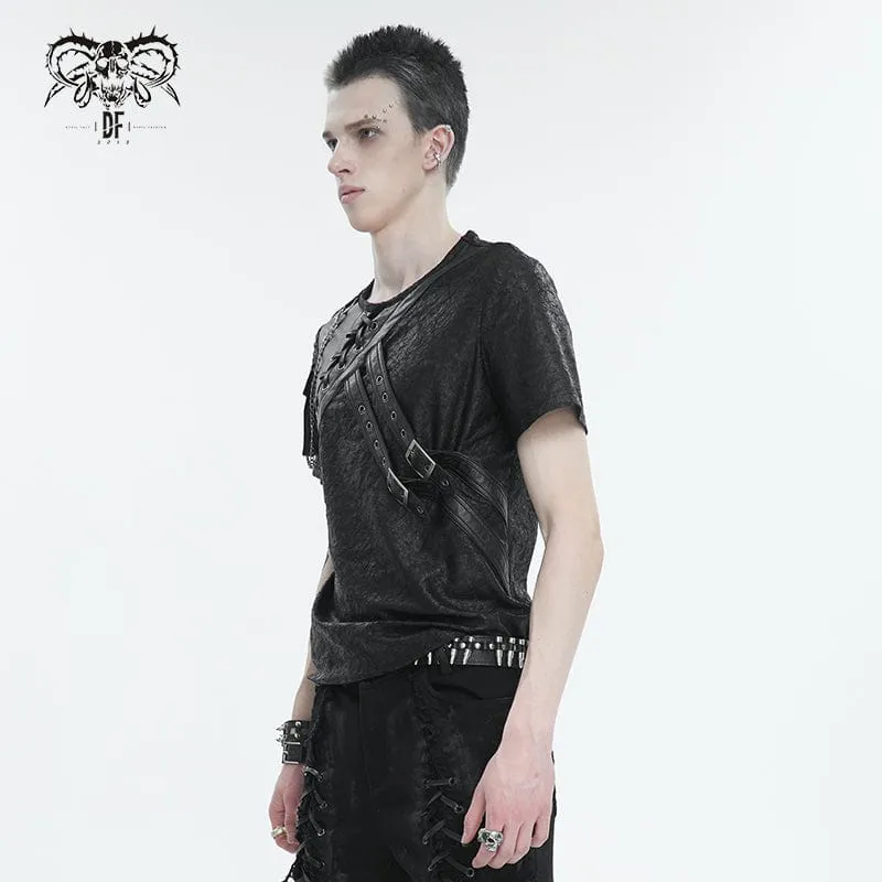 T-shirt pour hommes en simili-cuir avec boucles punk et empiècements