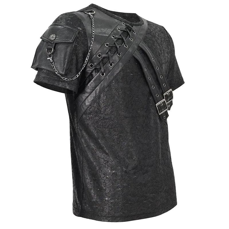 T-shirt pour hommes en simili-cuir avec boucles punk et empiècements