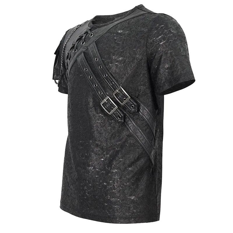 T-shirt pour hommes en simili-cuir avec boucles punk et empiècements