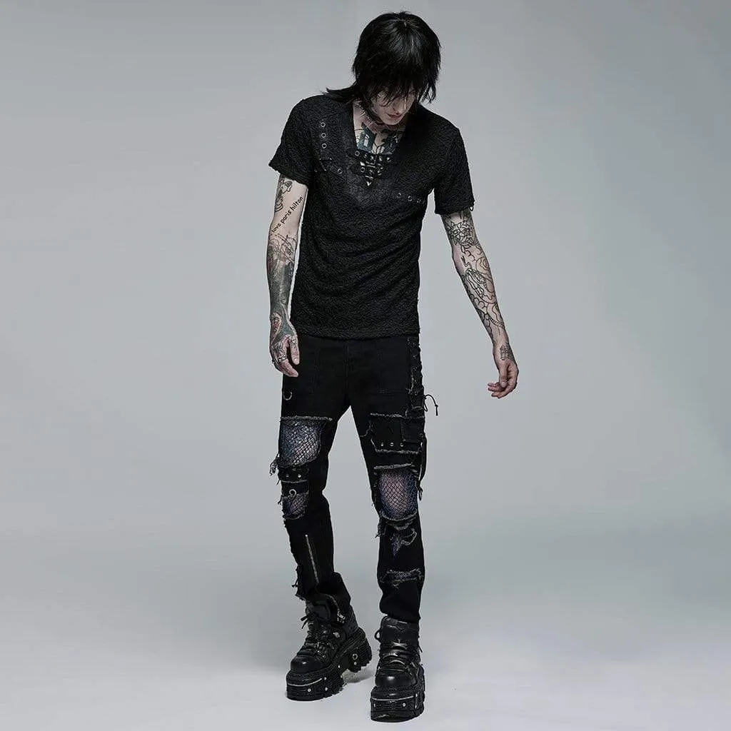 T-shirt pour hommes en maille avec boucle punk et empiècement