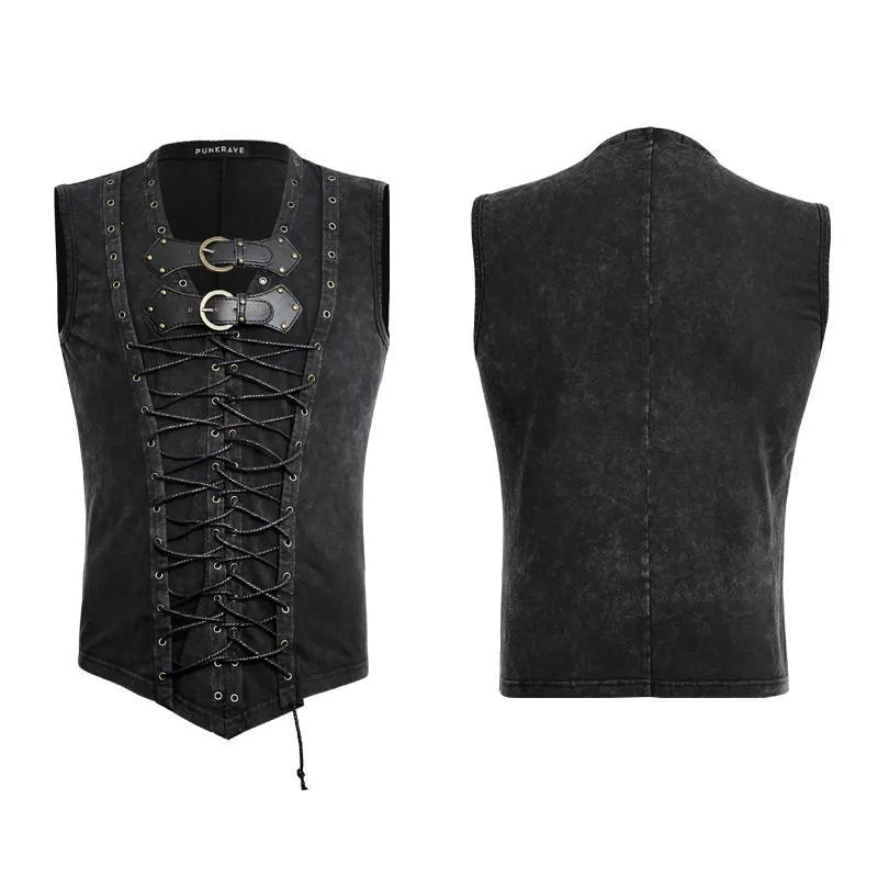 Débardeur rétro pour homme à lacets avec boucles noir