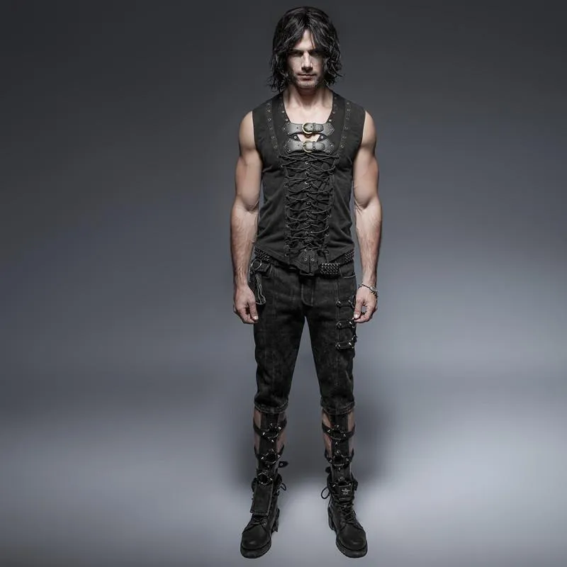Débardeur rétro pour homme à lacets avec boucles noir