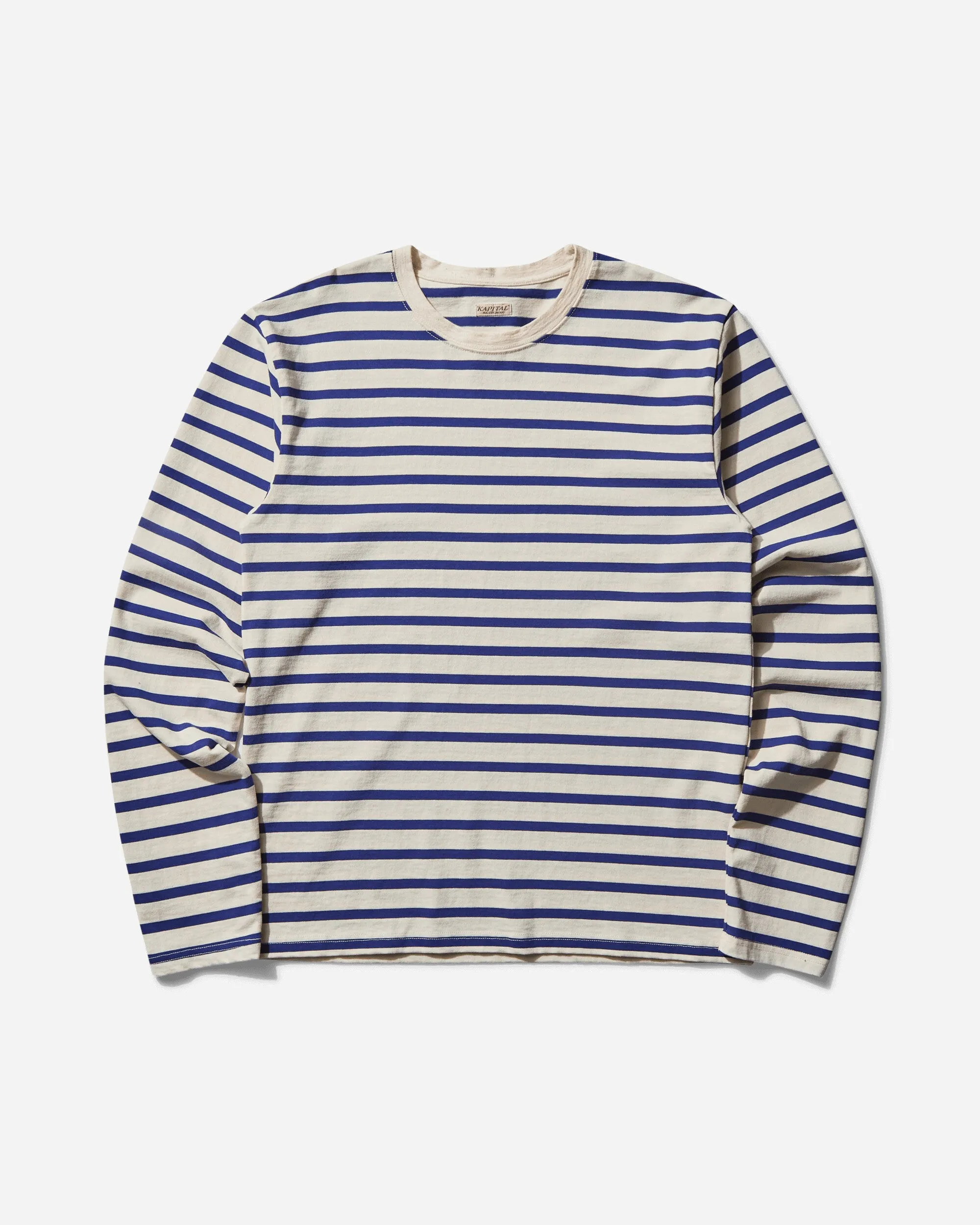 T-shirt manches longues à rayures pour homme (Patch Profile Rainbowy) Écru / Bleu