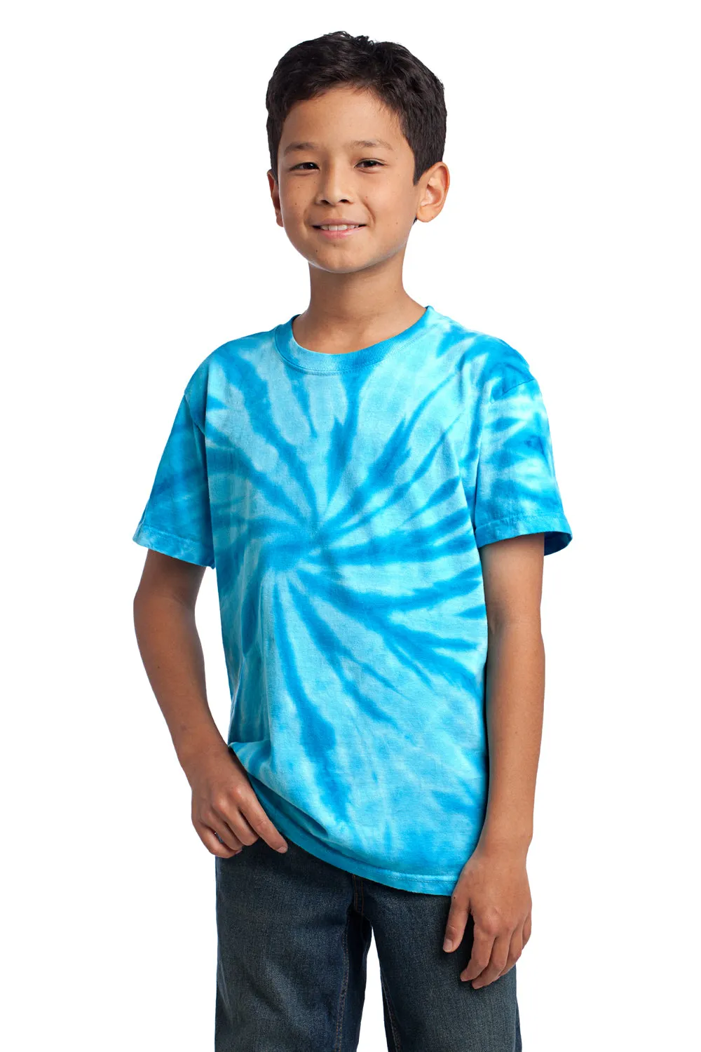 Port & Company Youth T-Shirt à Manches Courtes et Col Rond Teint en Tie-Dye - Bleu Turquoise