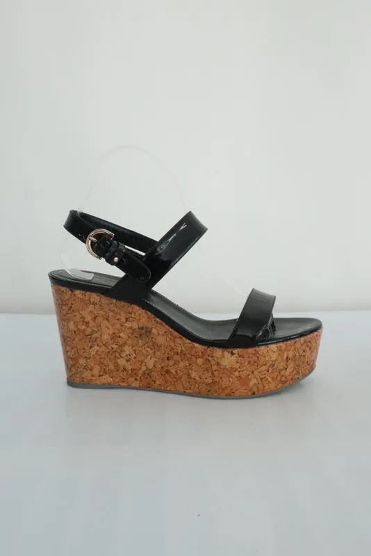 Sandales Sergio Rossi à plateforme en liège recouvert, en cuir verni noir, taille 40