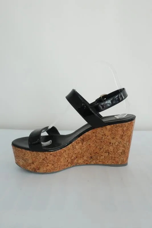 Sandales Sergio Rossi à plateforme en liège recouvert, en cuir verni noir, taille 40