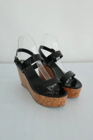 Sandales Sergio Rossi à plateforme en liège recouvert, en cuir verni noir, taille 40