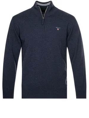 Pull Superfin en Laine Mérinos à Demi-Zip Bleu Marine Mélangé