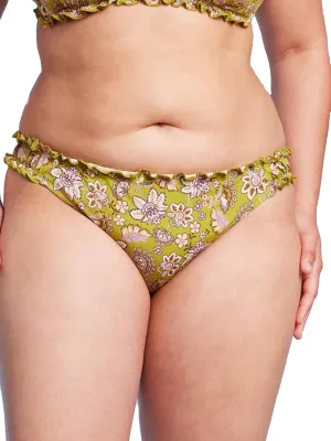 Culotte de bikini imprimée florale à détails volantés, Vert