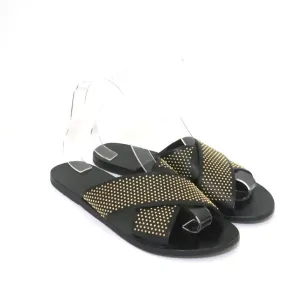 Sandales Grecques Antiques Thais à Lanières Croisées en Cuir Clouté Noir Taille 39
