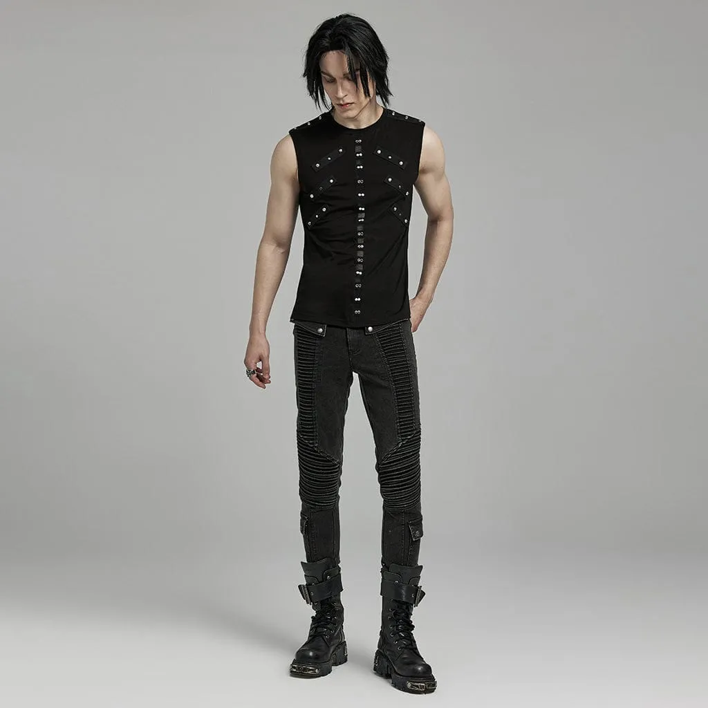 Débardeur Punk Homme à Motifs Ajourés et Bretelles Cloutées