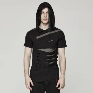 T-shirt Punk pour Homme à Capuche avec Empiècements en Maille