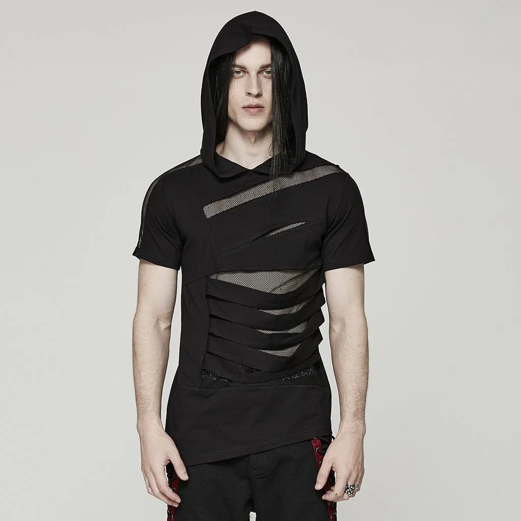 T-shirt Punk pour Homme à Capuche avec Empiècements en Maille