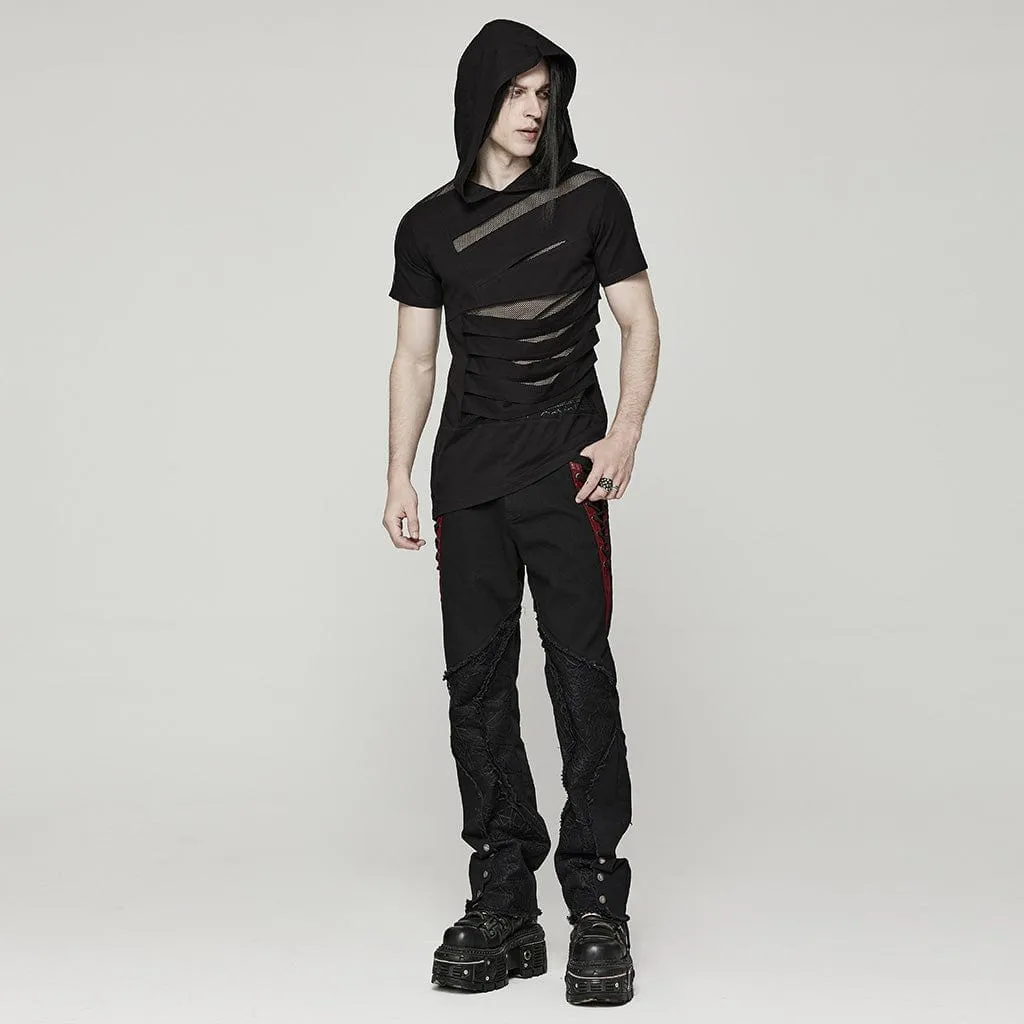 T-shirt Punk pour Homme à Capuche avec Empiècements en Maille
