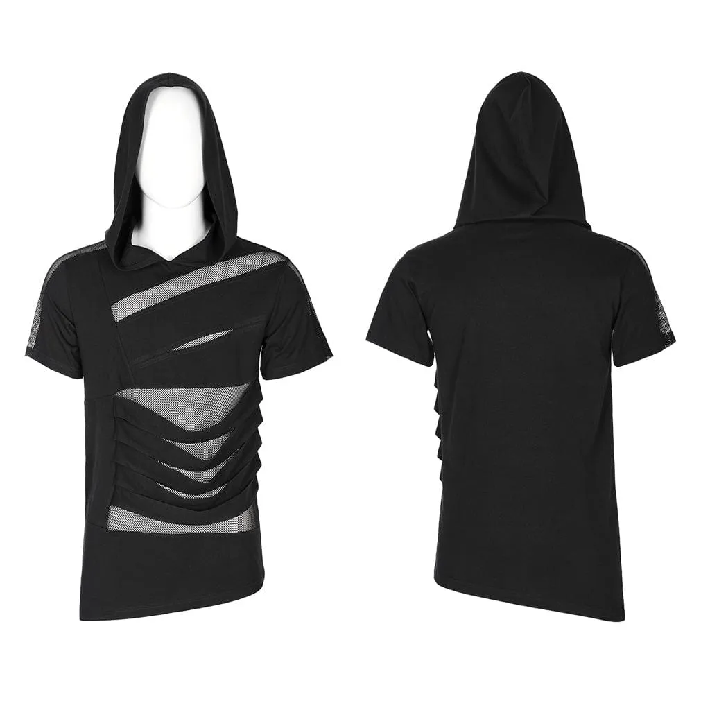 T-shirt Punk pour Homme à Capuche avec Empiècements en Maille