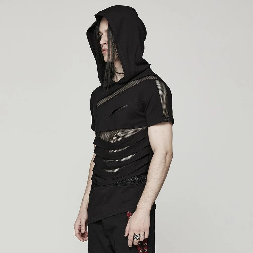 T-shirt Punk pour Homme à Capuche avec Empiècements en Maille