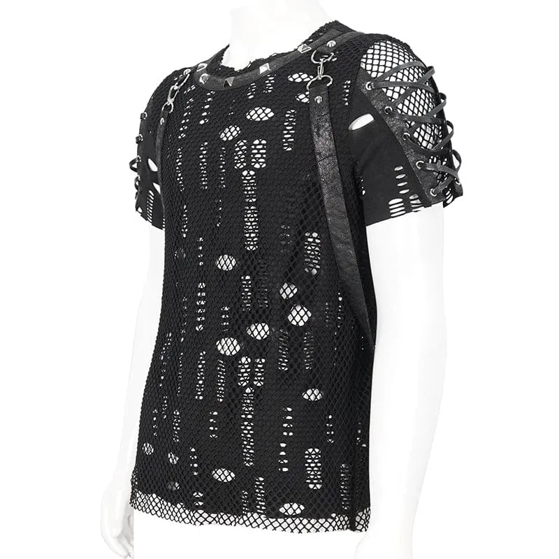 T-shirt pour hommes punk déchiré à mailles avec bretelles