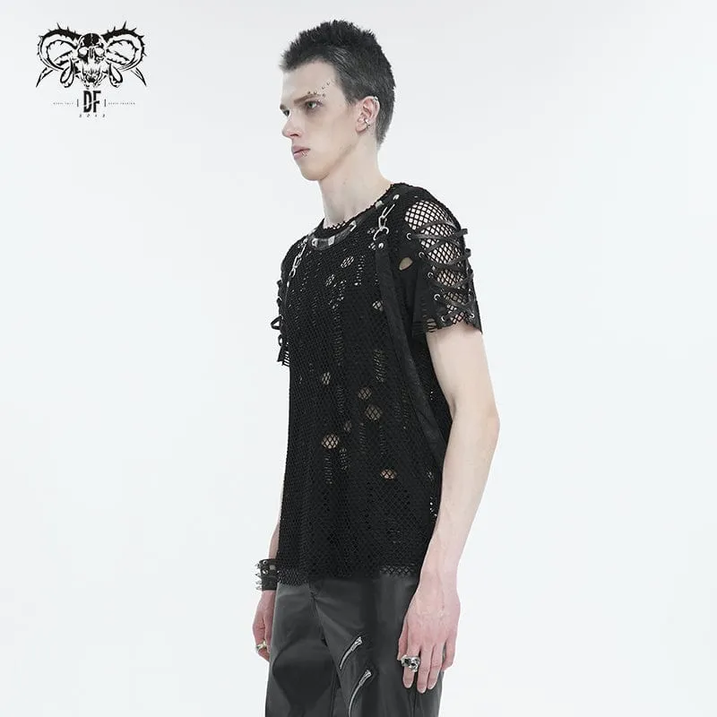 T-shirt pour hommes punk déchiré à mailles avec bretelles