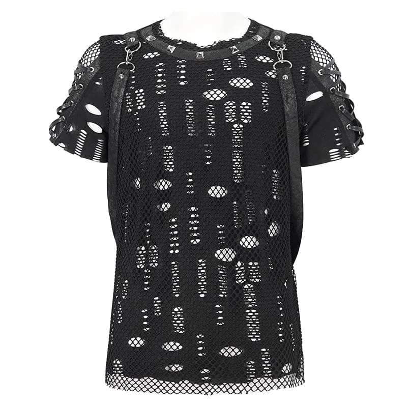 T-shirt pour hommes punk déchiré à mailles avec bretelles