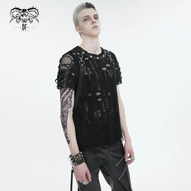 T-shirt pour hommes punk déchiré à mailles avec bretelles