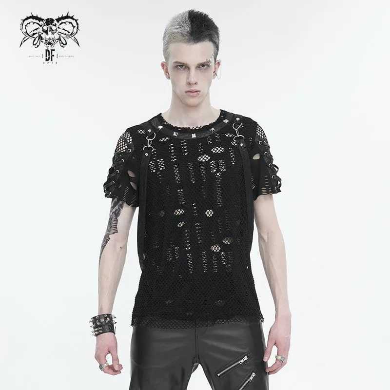 T-shirt pour hommes punk déchiré à mailles avec bretelles