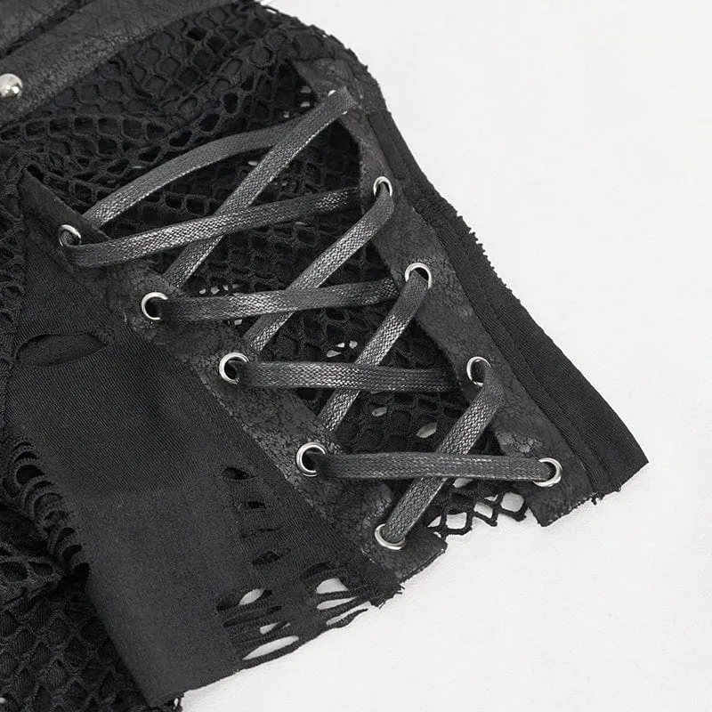 T-shirt pour hommes punk déchiré à mailles avec bretelles