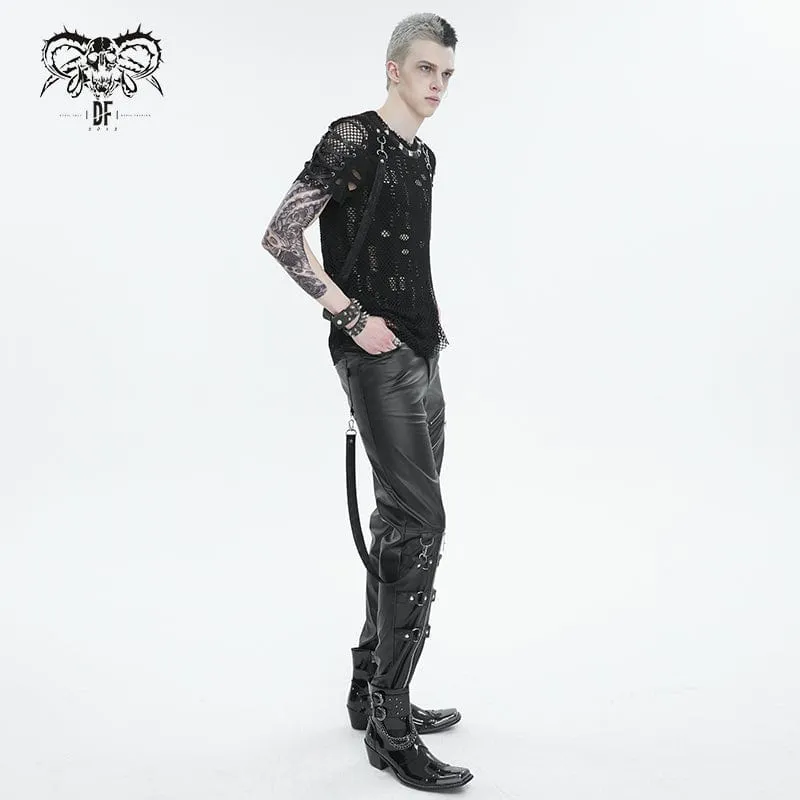T-shirt pour hommes punk déchiré à mailles avec bretelles