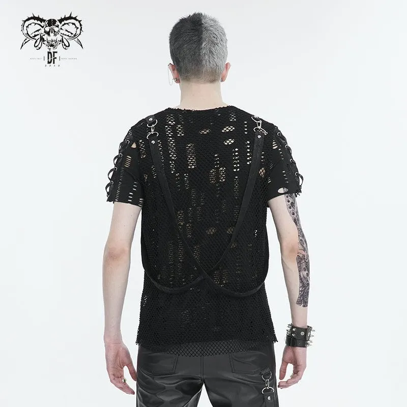 T-shirt pour hommes punk déchiré à mailles avec bretelles