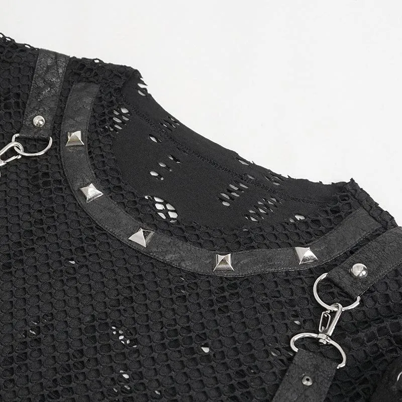 T-shirt pour hommes punk déchiré à mailles avec bretelles