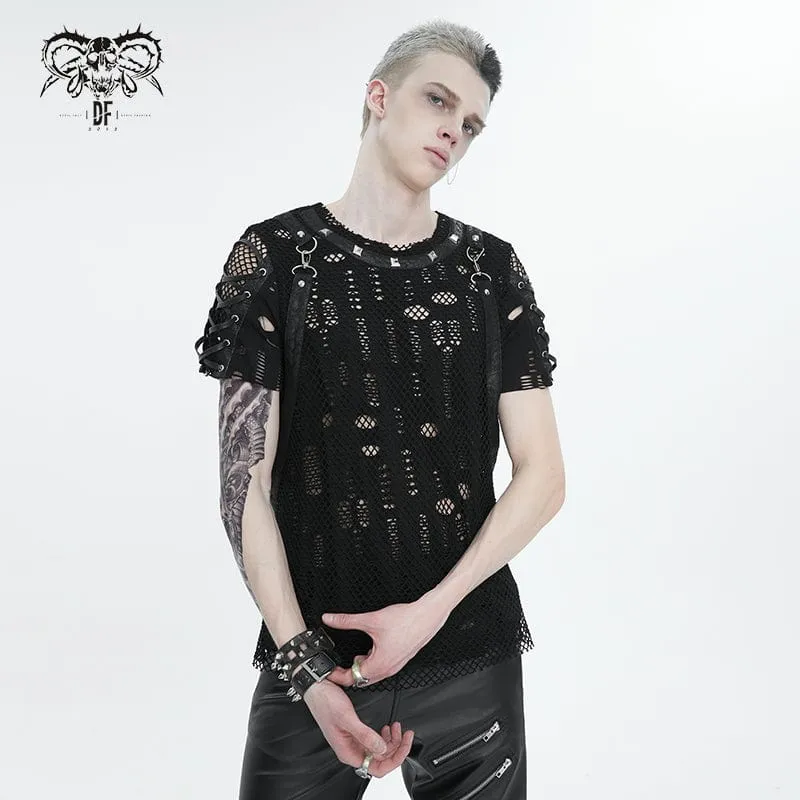 T-shirt pour hommes punk déchiré à mailles avec bretelles