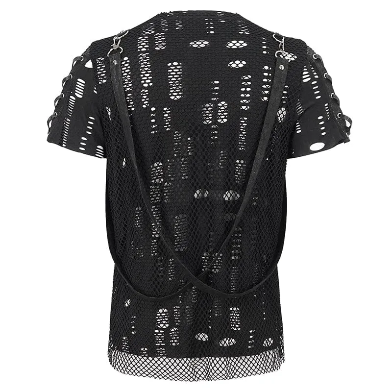 T-shirt pour hommes punk déchiré à mailles avec bretelles