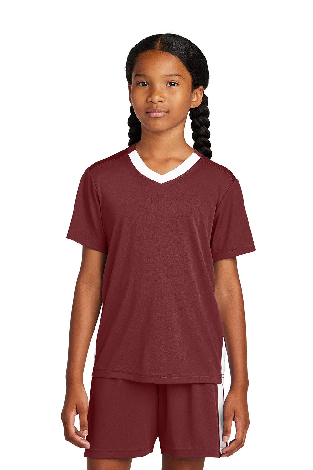 Sport-Tek T-shirt à col en V à manches courtes compétiteur pour jeunes évacuant l'humidité - Marron/Blanc
