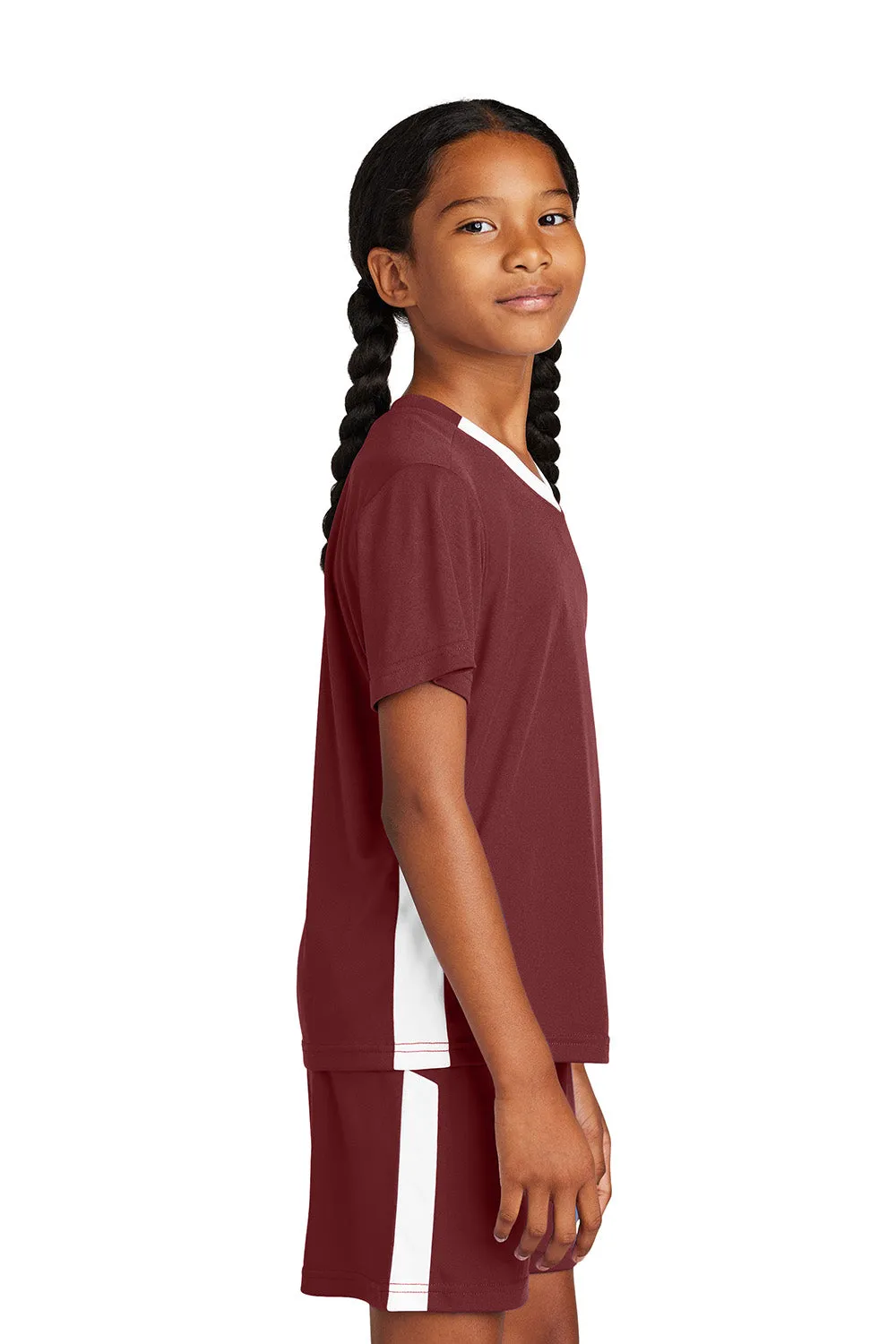 Sport-Tek T-shirt à col en V à manches courtes compétiteur pour jeunes évacuant l'humidité - Marron/Blanc