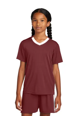 Sport-Tek T-shirt à col en V à manches courtes compétiteur pour jeunes évacuant l'humidité - Marron/Blanc