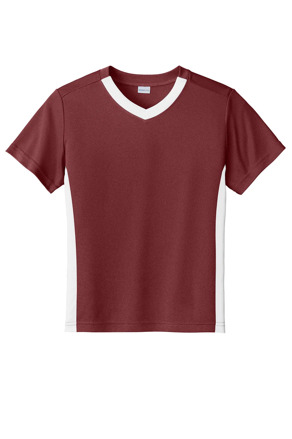 Sport-Tek T-shirt à col en V à manches courtes compétiteur pour jeunes évacuant l'humidité - Marron/Blanc