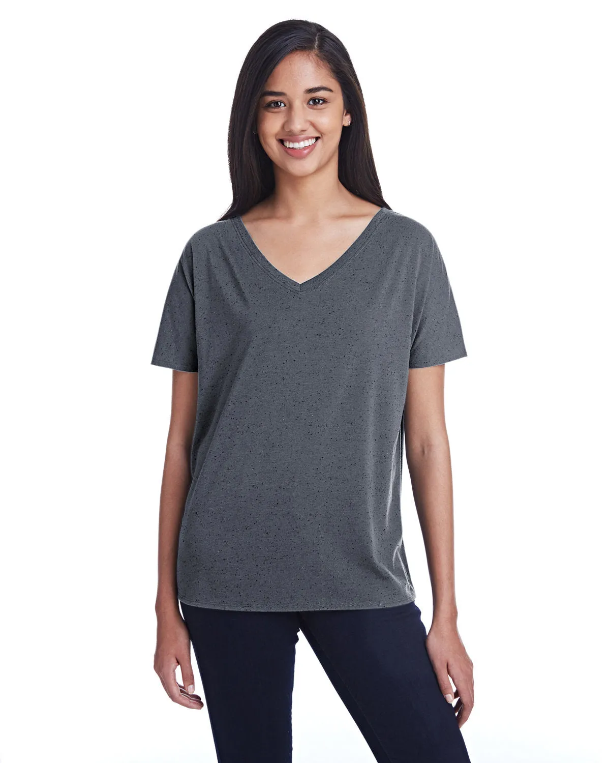 Threadfast Apparel 203FV T-shirt à col en V à manches courtes pour femmes en triblend moucheté