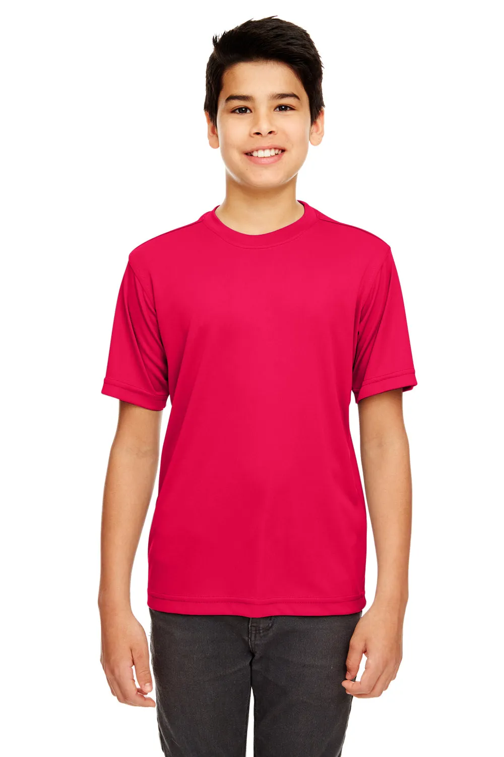 UltraClub T-shirt pour jeunes à manches courtes et col rond, performance fraîcheur et séchage rapide - Rouge